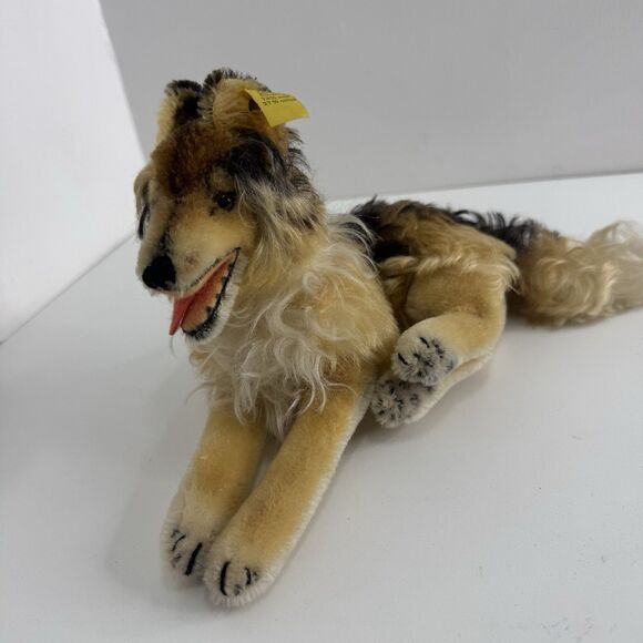 Steiff Collie Dog Lying 1960s ID Button and Tag Mohair Plush Vintage Wool Blend - Picture 1 of 12